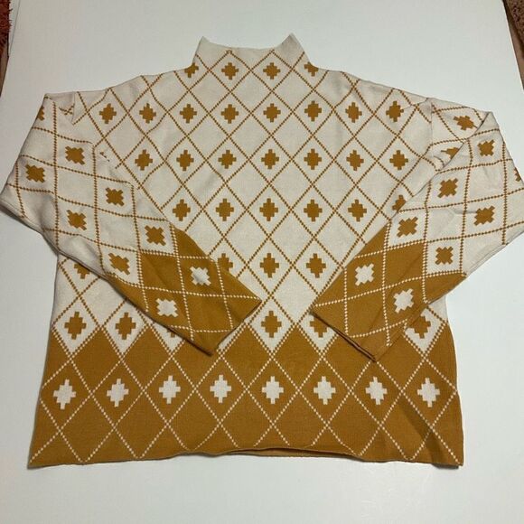 Rachel Zoe Funnel Neck Geometric Sweater, M. Mustard and White. Quality - Picture 15 of 16